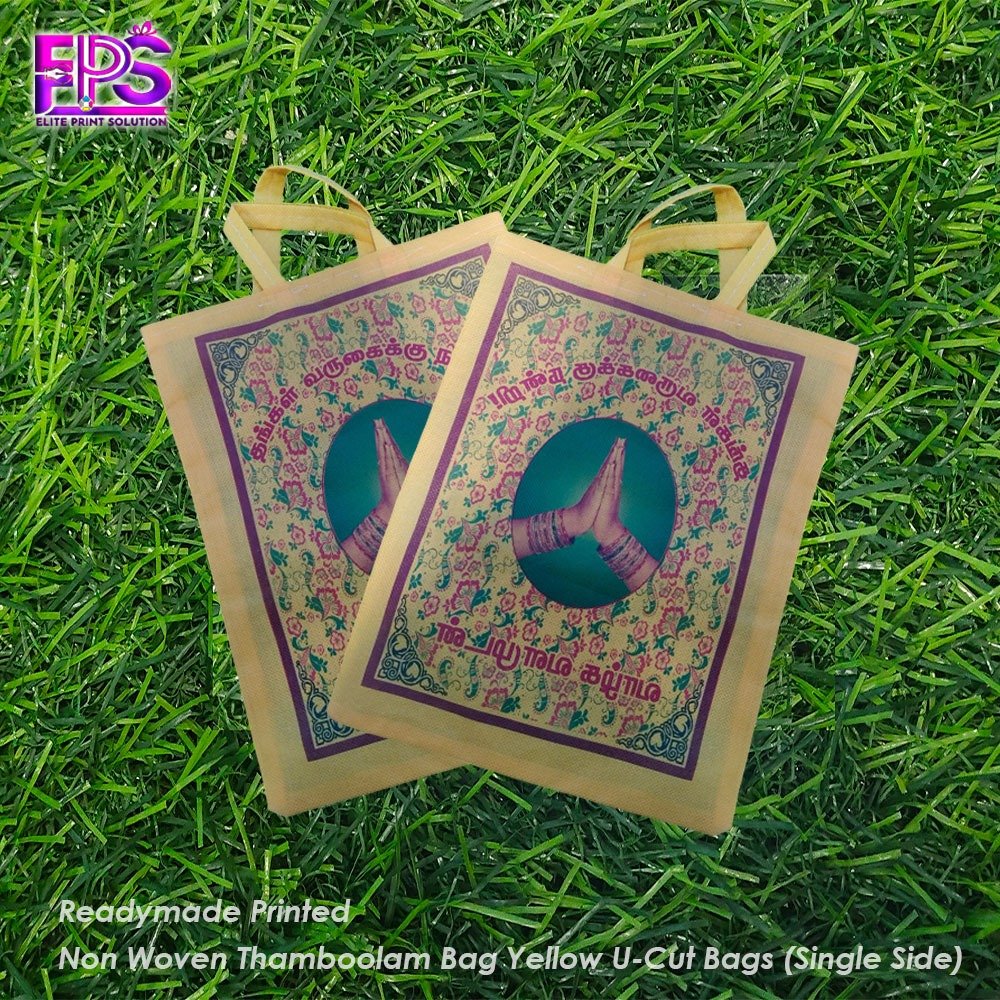 Readymade Printed Non Woven Thamboolam Bag Yellow U-Cut Bags - Image 3