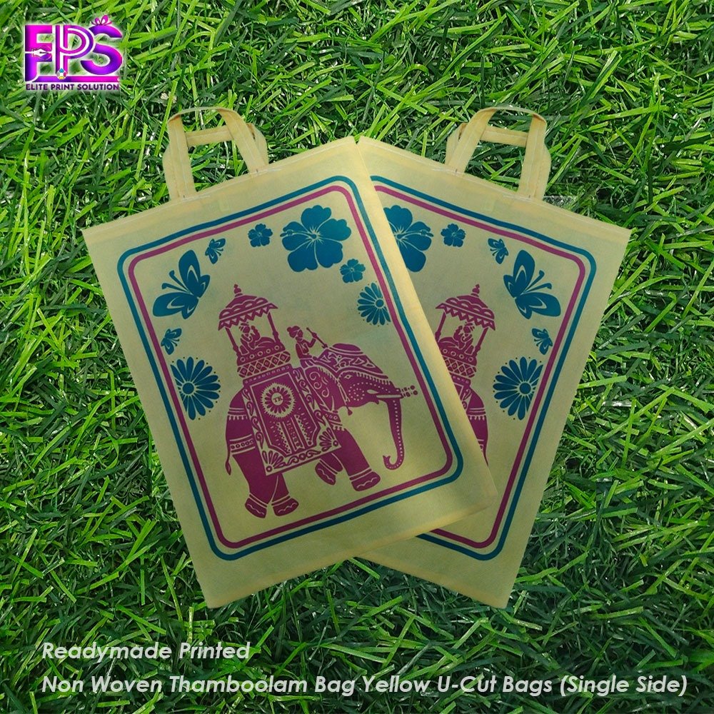 Readymade Printed Non Woven Thamboolam Bag Yellow U-Cut Bags - Image 2